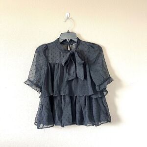 Zara Swiss Dot Ruffle Tiered Neck Tie Blouse